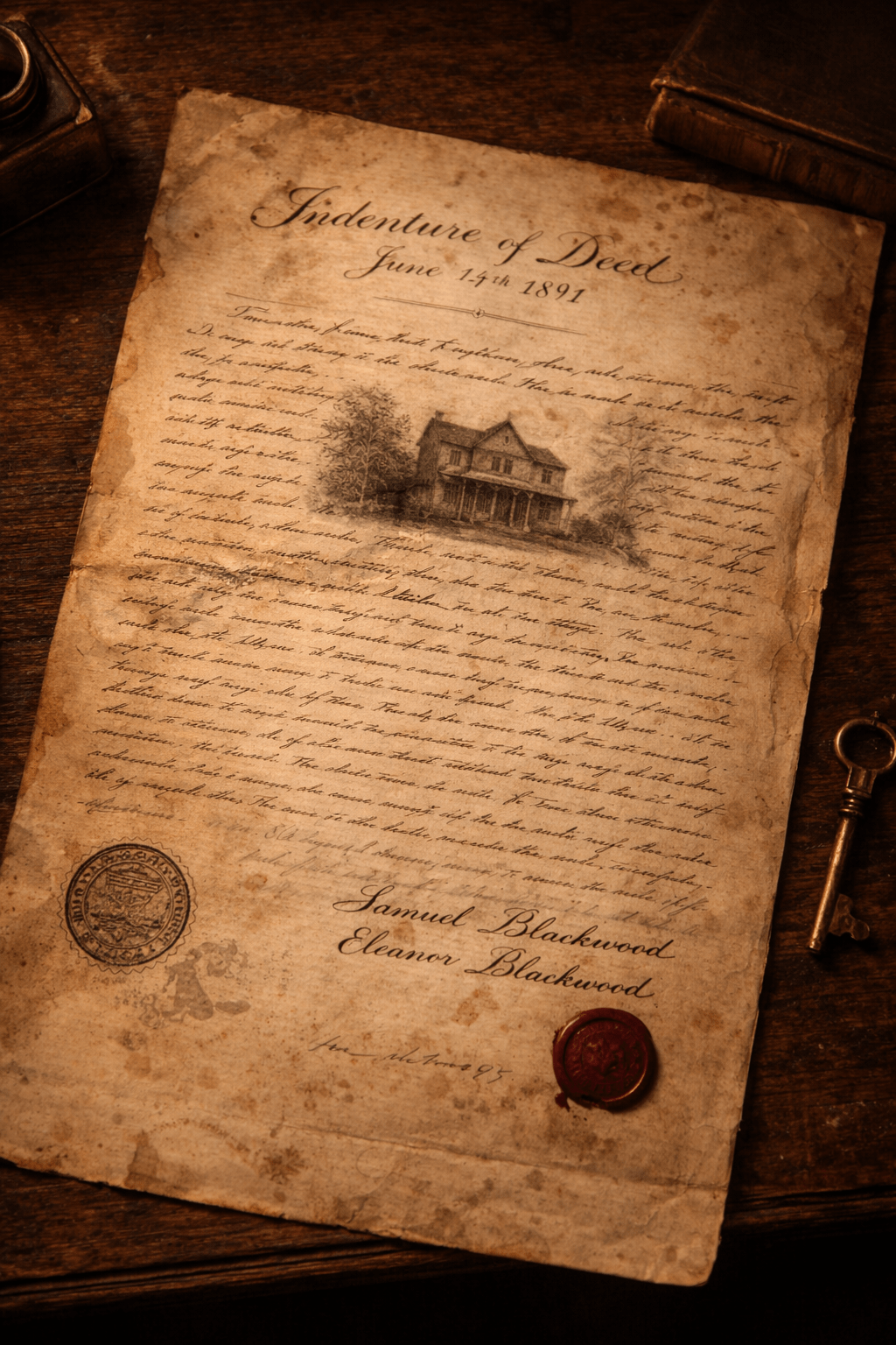 Aged property deed from 1891 with wax seal and handwritten signatures of Samuel and Eleanor Blackwood — earliest known record of the house from The Dead Journal