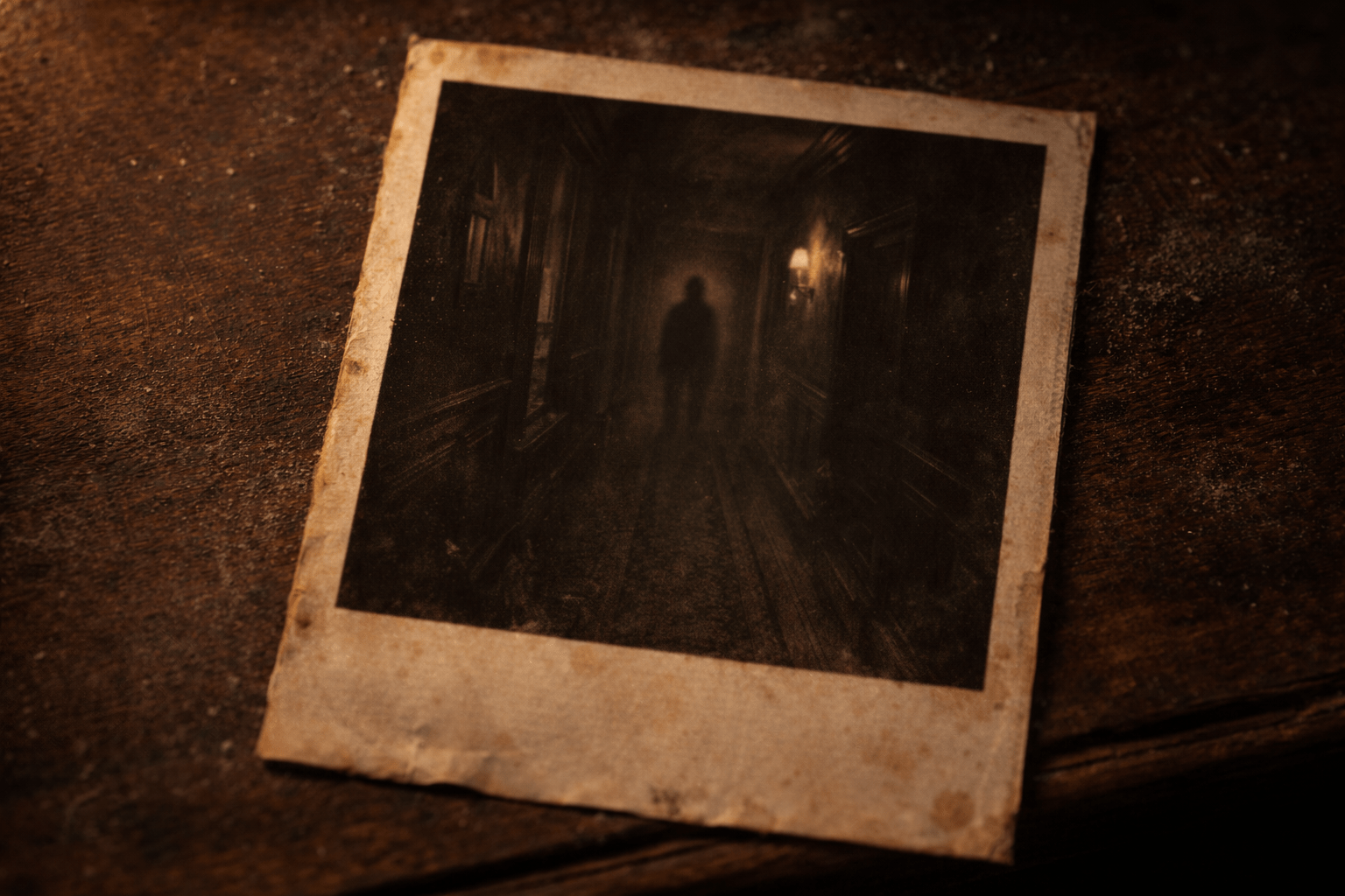 Recovered polaroid photograph from inside the house showing a dark hallway with an unexplained shadow figure — found among Thomas Hale's belongings