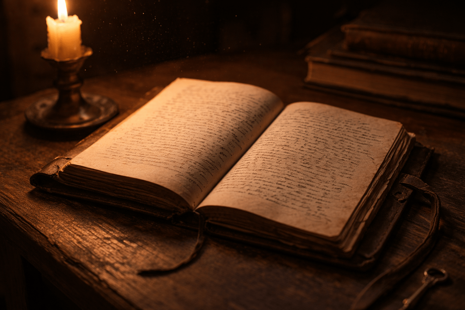 Recovered leather journal of Thomas Hale open on a wooden desk with handwritten entries documenting unexplained events in the house