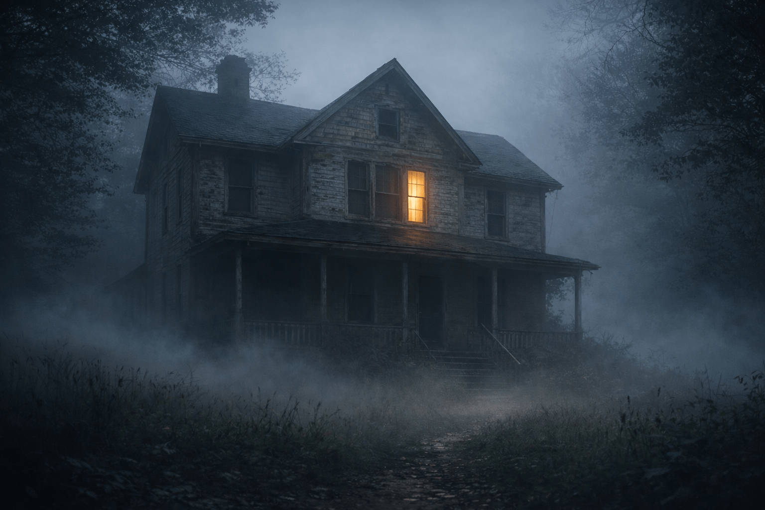 Old Victorian house at dusk with overgrown yard and one lit window — the house documented in The Dead Journal