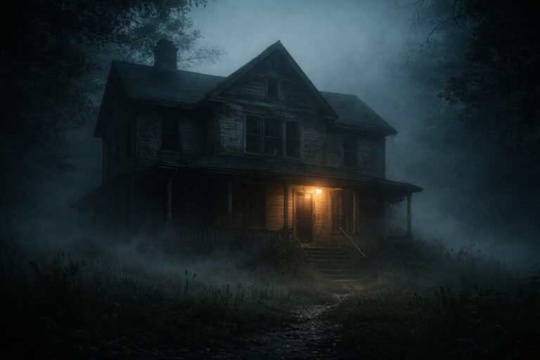 Old haunted house at night with fog drifting across the yard and a dim porch light glowing through the mist.